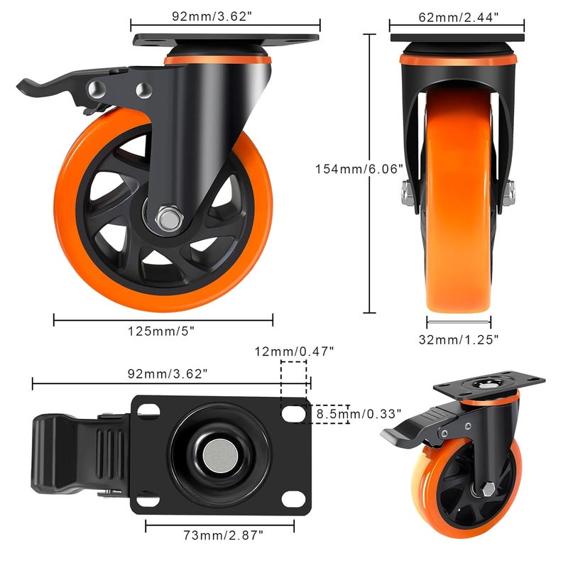 TAYLOON 5 Inch Caster Wheels with Safety Brake 2400Lbs, Heavy Duty Casters Set of 4, Industrial Swivel Casters with Double Ball Bearings, Polyurethane No Noise Wheels for Cart,Furniture(Hardware Include) - Image 2